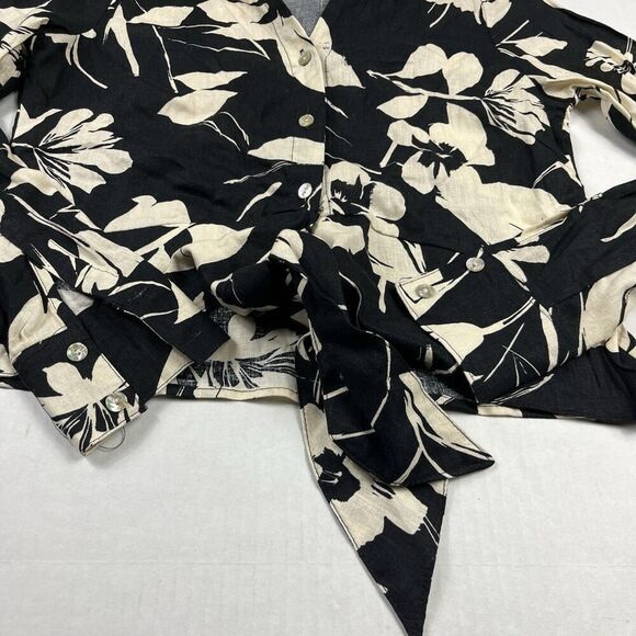 Panama Jack Linen Blend Button Shirt Floral Cropped Long Sleeve Top XS NEW - Picture 2 of 10